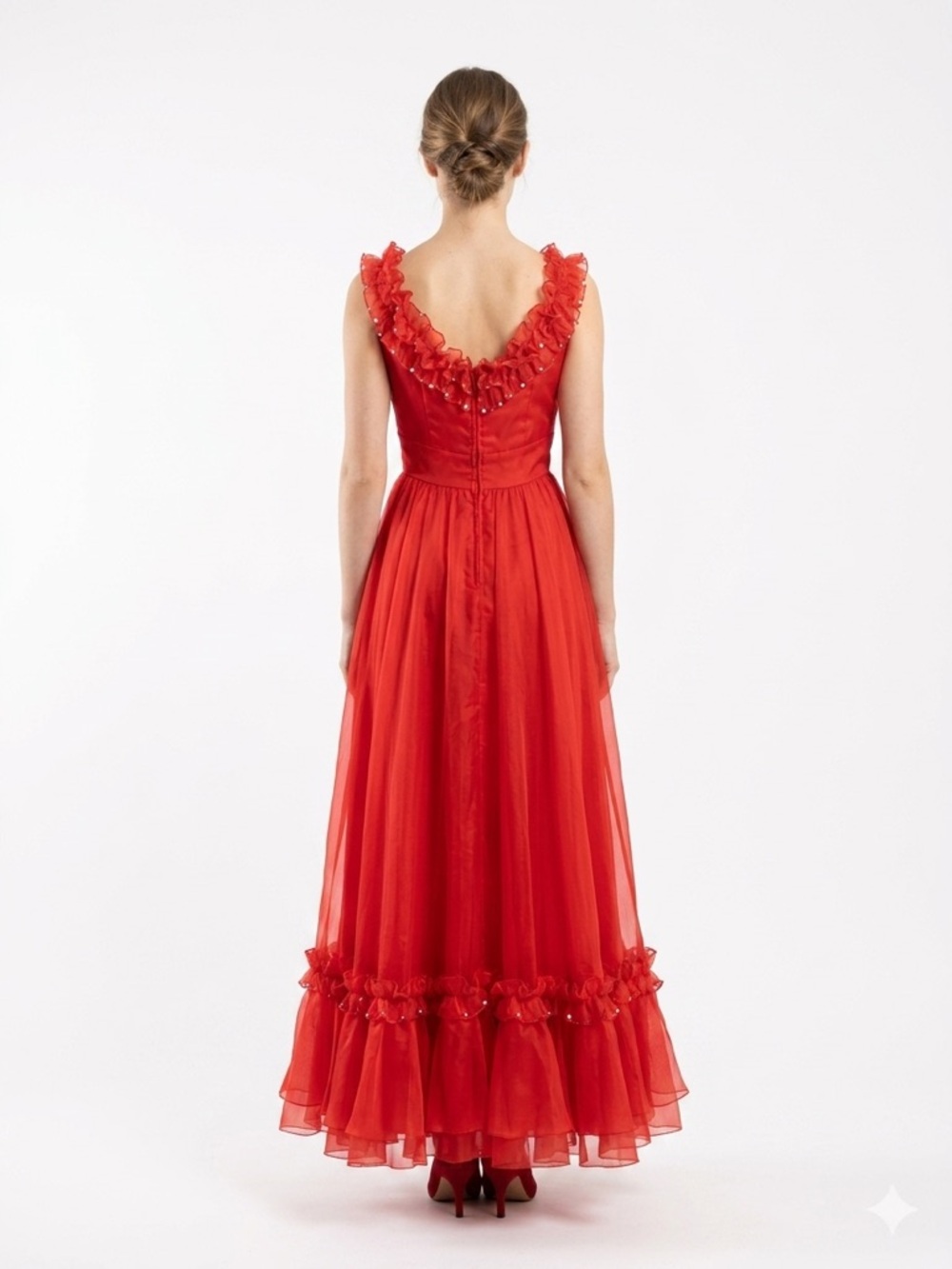 Red Floral-Trim V-Neck Evening Gown - Picture 2 of 10
